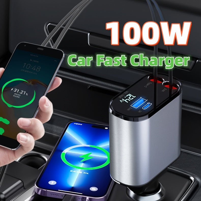 100W Metal Car Charger USB + Type-C Adapter